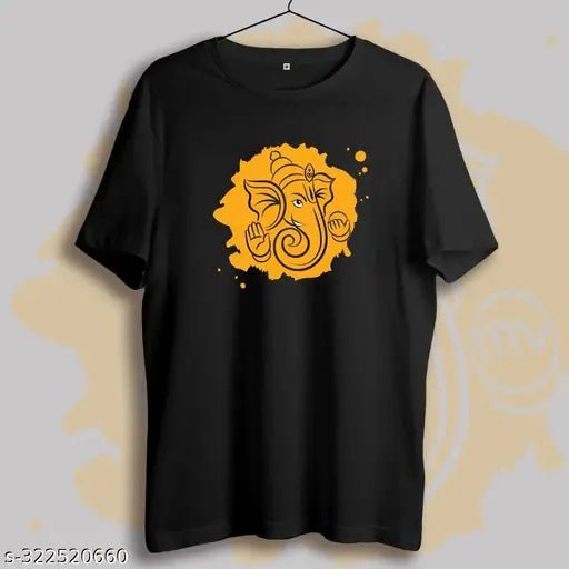 Black cotton Ganesh Chaturthi Special T-shirt, traditional religious spirituality design on half sleeve round neck tee, eco-friendly and machine washable, available in S-XXXL sizes
