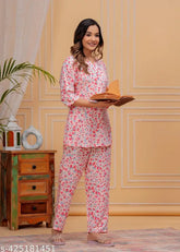 pink rayon night suit for women and girls, printed night dress with three-quarter sleeves, comfortable pyjamas for nightwear, India origin