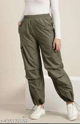 Olive green polyester loose cargo trousers for women and girls, high-waisted with side pockets, casual and comfortable for everyday wear