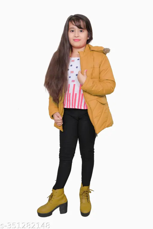 Mustard nylon girls' coat, pack of 1 - trendy, long sleeve jacket for kids (7-8yrs to 14yrs), Alfiya Collection