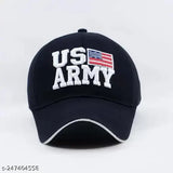 Black cotton US Army baseball cap with printed design, casual accessory for beach wear, parties, and sports. Made in India