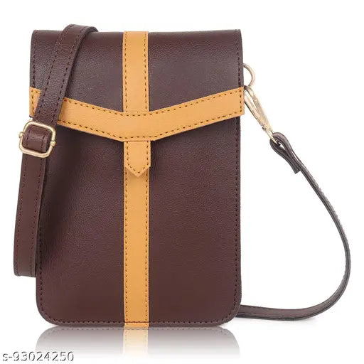 Brown PU leather women's sling bag cross body travel pouch, solid net pattern, free size (10x5x2in), handcrafted by ROVOK, India