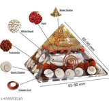 Crystal Large Orgonite Shree Yantra Pyramid with Gomati Chakra, Rudraksha, Chirmi & Kaudi Shells - Authentic Indian spiritual item for Feng Shui and meditation, approximately 10 cm in each dimension