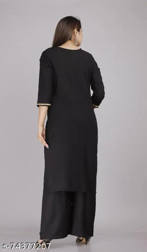Rayon straight kurta with palazzo set, three-quarter sleeves, solid color Indian fashion on model