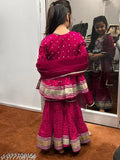 Red pom pom sharara set, rayon and organza embroidered kids fashion, featuring three-quarter sleeves and pack of 3 sizes from 3-12 years old
