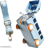 Blue bus-shaped plastic water bottle, BPA-free, leak-proof, kid-friendly toy for school, home office, or outdoor use