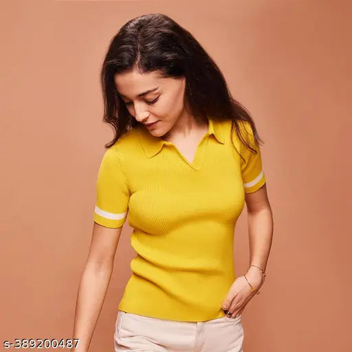 Yellow cotton blend short sleeves polo t-shirt for women, solid design, size S (34in bust, 19in length)