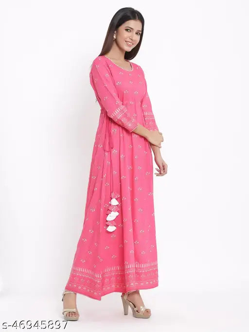 Pink printed rayon Anarkali dress by Kipek, three-quarter sleeve ethnic wear, stylish and comfortable Indian fashion