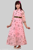 Pink georgette Disney Princess Girls Maxi/Full Length Casual Dress (3/4 sleeves) with printed motifs, suitable for various occasions
