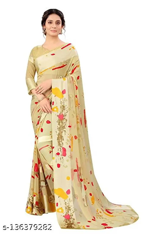 Georgette Satin Printed Saree & Unstitched Running Blouse, Indian Fancy saree for casual & semi-formal events