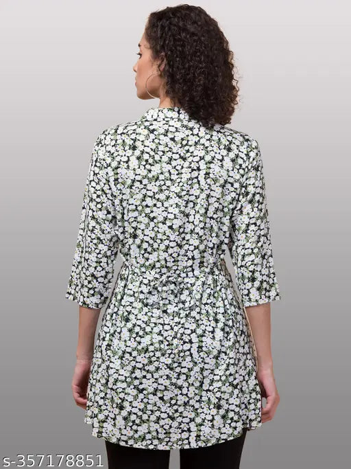 Green rayon Inuka by Hive91 tunic with front pleats, 3/4 sleeves, mandarin collar, and waist string (size 34)