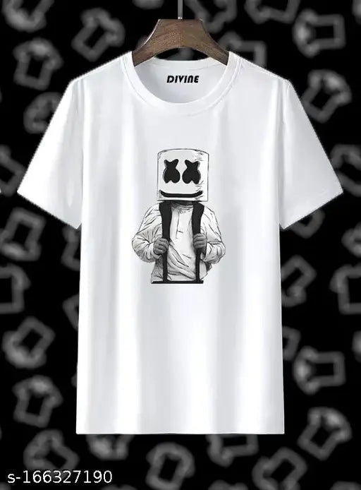 DJ Marshmello printed white round neck polyester t-shirt, breathable cotton, vibrant graphic print, casual wear