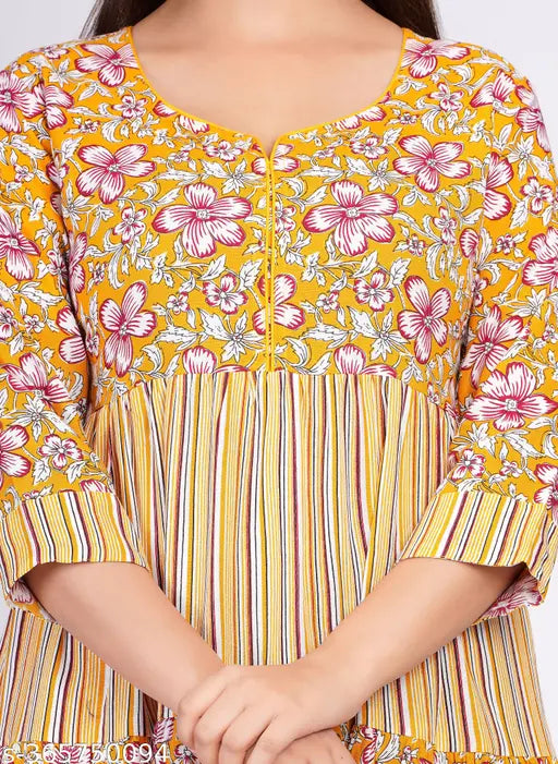 Multicolor printed viscose rayon anarkali kurta with three-quarter sleeves, Indian women's fashion wear on mannequin