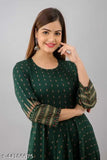 Green printed rayon Anarkali kurti for women, three-quarter sleeves and festive casual wear
