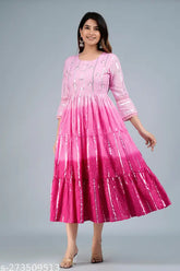 Pink cotton lurex dyed ombre Anarkali gown, embellished with handwork on yoke, three-quarter sleeves, round neck, 48" length, hand wash separately in cold water