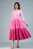 Pink cotton lurex dyed ombre Anarkali gown, embellished with handwork on yoke, three-quarter sleeves, round neck, 48" length, hand wash separately in cold water