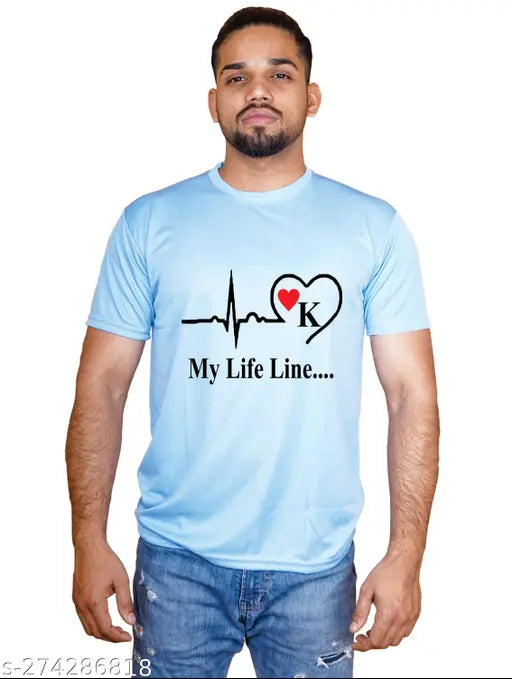 Blue striped polyester 'My Life Line' A-Z alphabet custom printed round neck half sleeve t-shirt for men (S, M, L, XL sizes available)