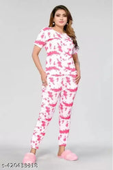 Adorable women's cotton-blend night suit set, multicolored coord print with short-sleeve shirt and pyjamas, India origin