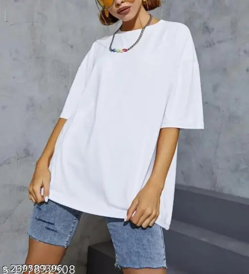 Oversize unisex cotton t-shirt for women - solid color, casual fashion on model