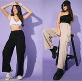 Black cotton blend woman's cargo pants solid net, two pairs size options available from India