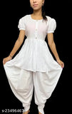Girls crepe A-line clothing sets with dhoti pants, self-design, short sleeves. Various sizes from 3-16 years. Indian origin