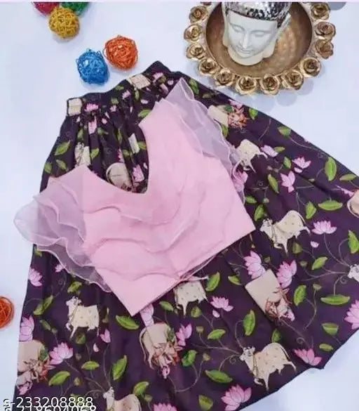 Two-year old child in new model printed organza and satin lehengha choli for party wear, Indian traditional outfit with long sleeves