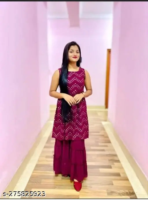 Georgette sharara set, printed net, sleeveless, Indian women's fashion