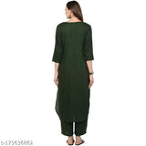 Green Rayon Kurta and Plazzo set for Women, solid color, three-quarter sleeves, India origin