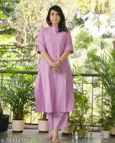 Pink striped embroidered cotton kurti with rayon palazzo pants set, single size M-XXL (38in-44in bust). Traditional Indian party wear for women