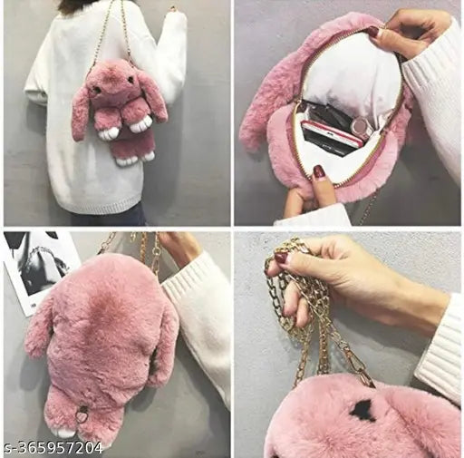 Soft fur rabbit-shaped bag, compact size, washable fabric, carries essentials, Indian origin