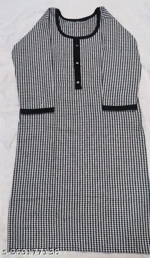 Woolen checked kurti, three-quarter sleeves, premium quality winter wear for women. Close-up on vibrant design and lace detailing at round neck