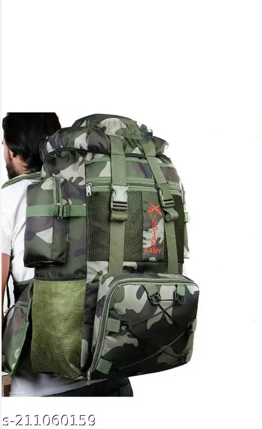 High-quality polyester printed 90L army fabric rucksack. Lightweight hiking travel backpack with adjustable whistle buckle and top zip pocket, bottom shoe compartment, and protective inside pocket. Free size (35cm x 20cm). Made in India