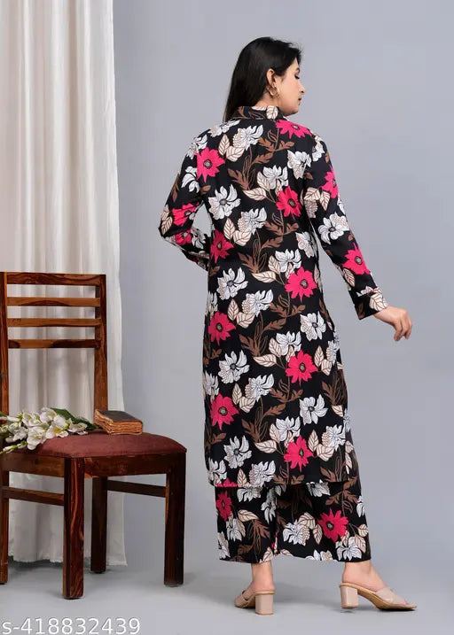 Printed black floral rayon kurta with palazzo set, perfect for special occasions and party wear