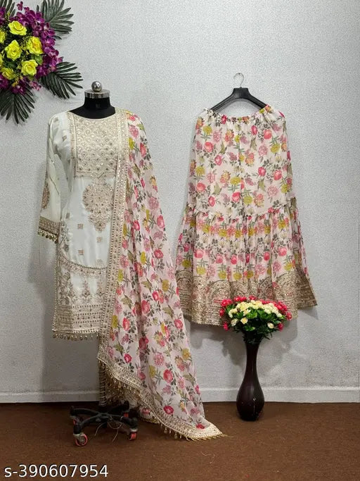 Heavy faux georgette Sharara suit set, three-quarter sleeves, printed Indian designer kurta with dupatta and bottomwear