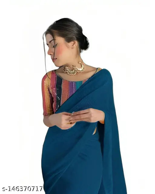 Striped navy blue Georgette saree with embellished satin silk blouse, free size from India
