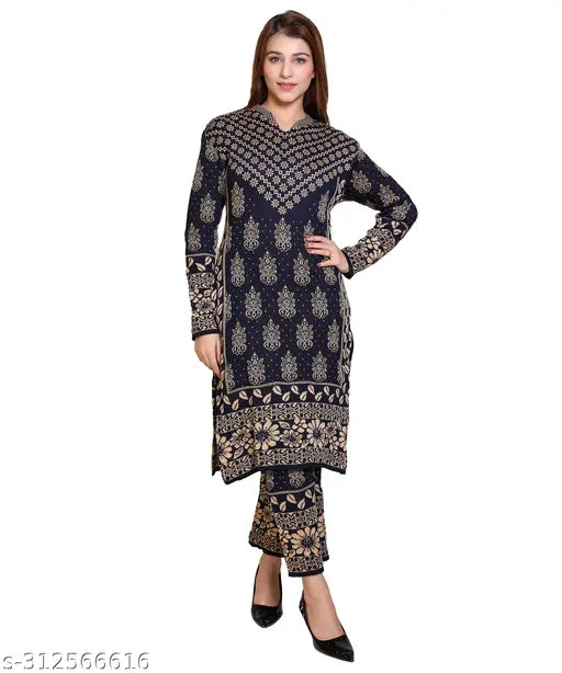 Navy wool kurta plazo set with printed net bottomwear for women, three-quarter sleeves, winter season fashion from India (100% acrylic)