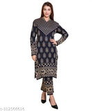 Navy wool kurta plazo set with printed net bottomwear for women, three-quarter sleeves, winter season fashion from India (100% acrylic)