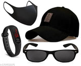 Black cotton Ediko baseball cap combo with black polarized lens eye protection wayfarer sunglass, black led band, and mask for men and boys - pack of 4 self-designed Indian accessory set