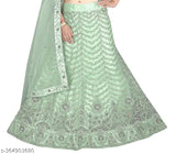 Women's heavy wedding lehenga, choli & dupatta set in net fabric with floral embroidery, free size (44m waist, 44m length, 2.5m dupatta). Ideal for various occasions including parties, weddings, and festivals. Indian-made gift for loved ones