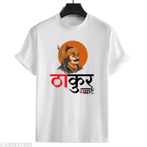 White cotton blend Thakur printed t-shirt for boys and girls, VJV Collection featuring round neck and short sleeves