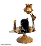Black marble stone Shiva Lingam with brass Kalash stand for home puja or temple, measures 7cm x 7cm x 11cm