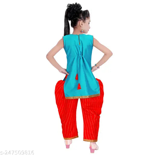 Poly Silk A-line Patiala Kurta Set for Kids, Embellished & Comfortable Girls Fashion from India