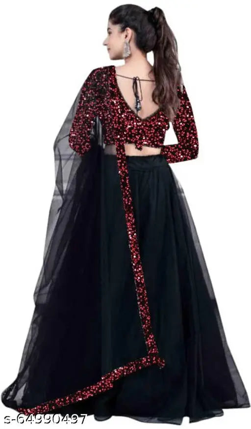 Velvet sequin lehenga with net dupatta, embroidered and gota work, semi-stitched (waist 44in, length 43in), India