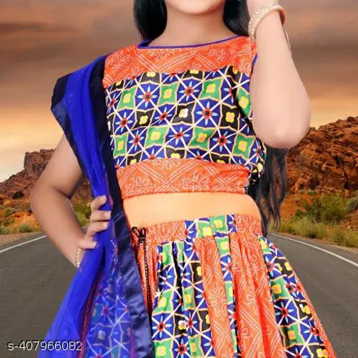Orange cotton lehenga choli set for girls, handcrafted with bandhani print and net dupatta