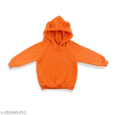 Orange cotton blend unisex Teddy ear style hoodie for kids, suitable for boys and girls. Soft warm hooded sweatshirt with long sleeves, perfect winter wear for babies. Made in India, size 3-4 Years (Chest Size: 14 in, Length Size: 16 in)
