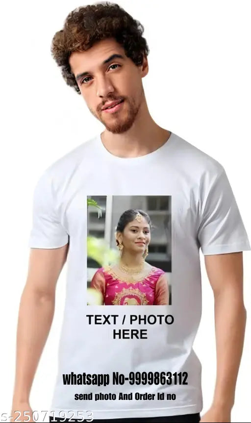 Personalized Photo Printed Cotton Blend T-Shirt for Men, customizable for events like Birthday, Anniversary, Mother's Day, Father's Day, Raksha Bandhan, Holi, New Year, Christmas, Valentine's Day. Customizable with personal images, names, quotes, and more. Made in India