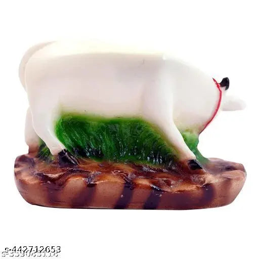 Poly resin white Kamdhenu cow with calf idol for temple, home decor or car dashboard - decorative religious statue, 15cm x 9cm x 7.5cm from India