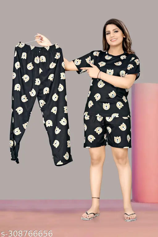 Premium quality printed pyjama set for women, featuring a top & shorts in polycotton fabric with short sleeves. Breathable nightsuit offers high comfort level, made in India