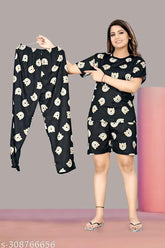 Premium quality printed pyjama set for women, featuring a top & shorts in polycotton fabric with short sleeves. Breathable nightsuit offers high comfort level, made in India