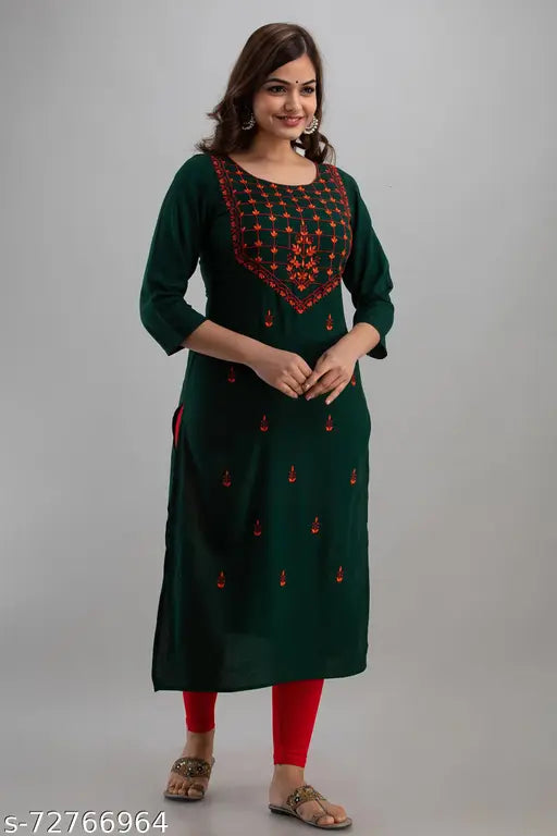 Green rayon three-quarter sleeve embroidered top, Indian fashion combo on mannequin